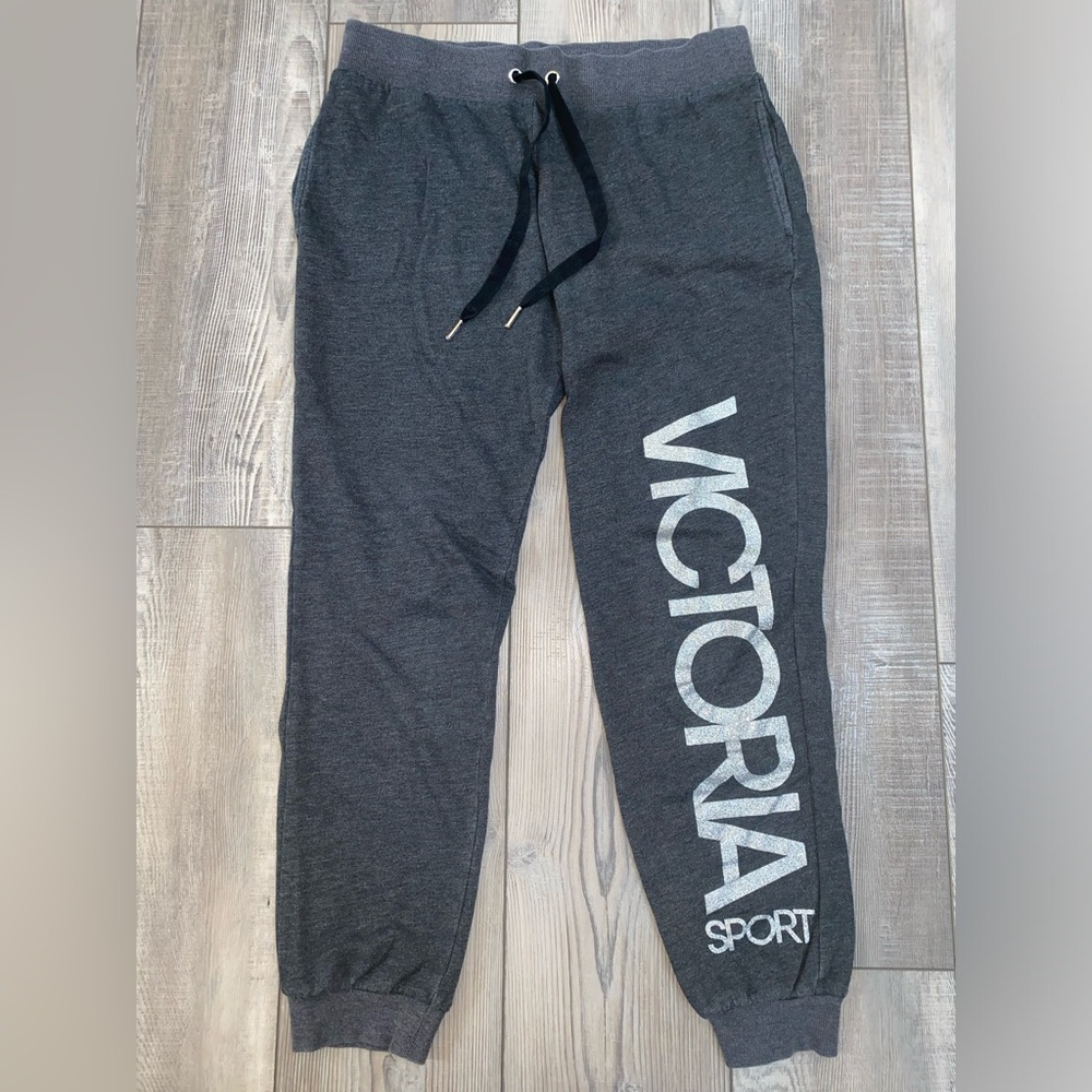 Victoria's Secret VS Sport Dark Grey Silver Glitter Logo Athletic Jogger Pants S